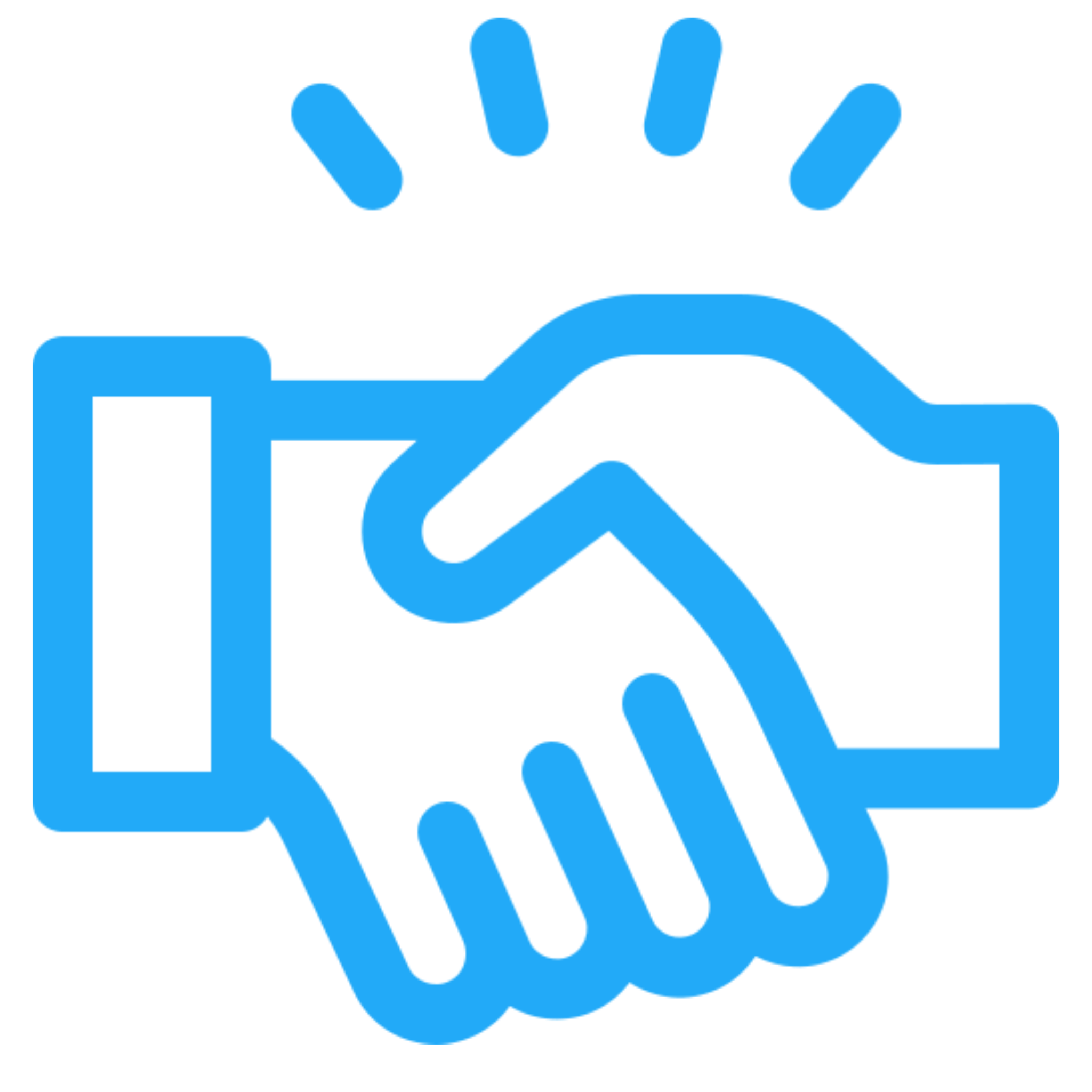 Stylized handshake illustration with exclamation marks